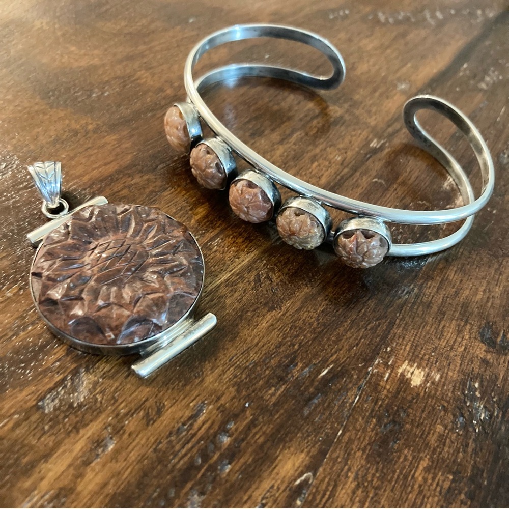 Mexican Red Opal Carved Flower Bracelet and Pendant Sterling Set Jewelry Bundle